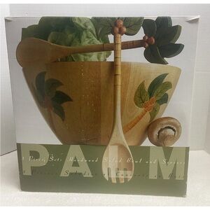 Palm Hardwood Salad Bowl and Servers Set - Natural Brown by Clay Art NEW